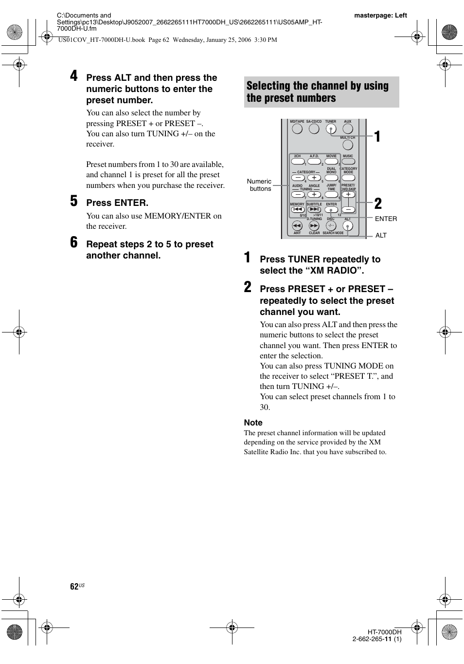 Selecting the channel by using the preset numbers, Press enter, Repeat steps 2 to 5 t o preset another channel | Press tuner repeatedly to select the “xm radio | Sony STR-K7000 User Manual | Page 62 / 84