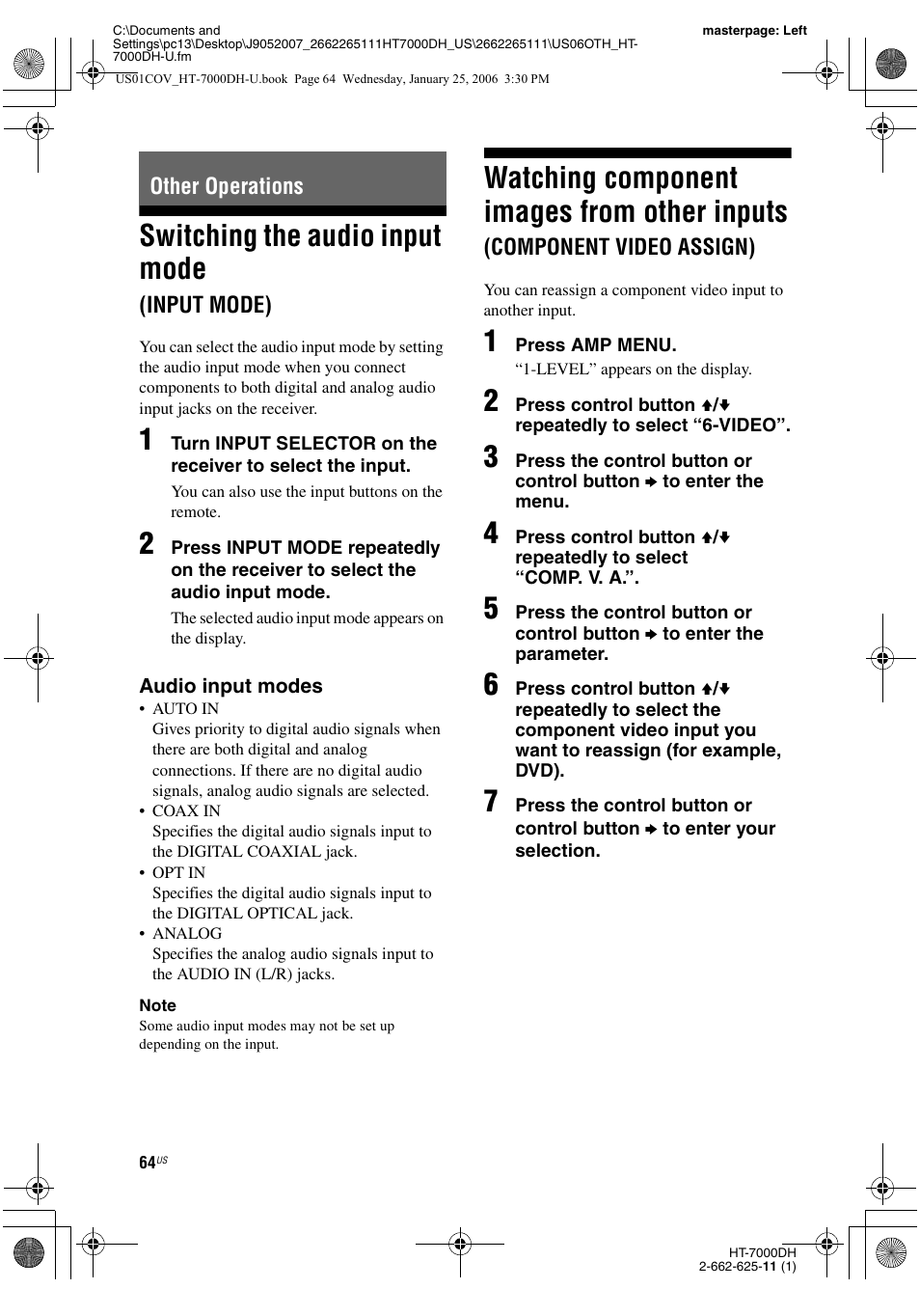 Other operations, Switching the audio input mode (input mode), Switching the audio input mode | Input mode), Watching component images from, Other inputs, Component video assign), Watching component images from other inputs | Sony STR-K7000 User Manual | Page 64 / 84