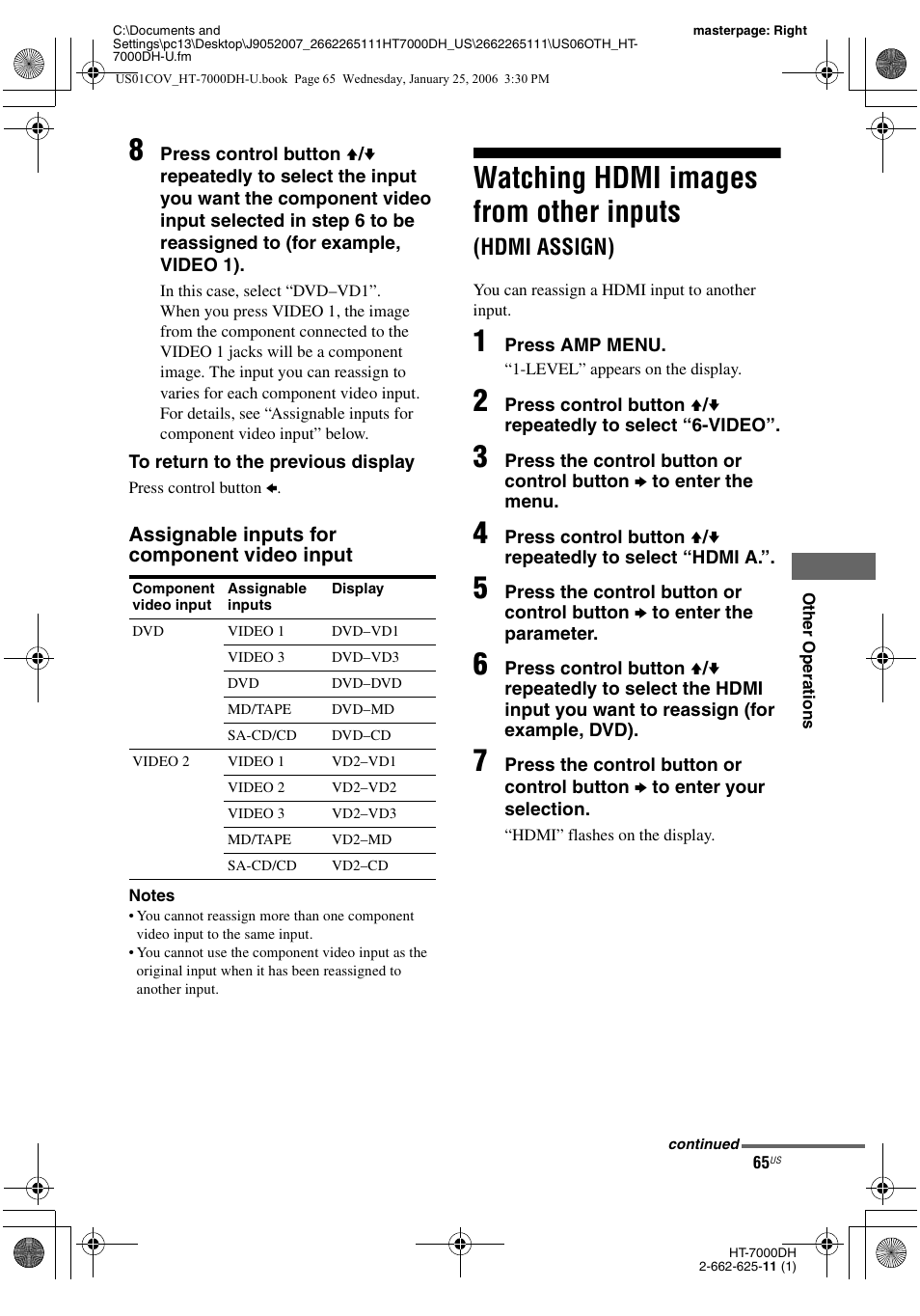 Watching hdmi images from other, Inputs (hdmi assign), Watching hdmi images from other inputs | Hdmi assign) | Sony STR-K7000 User Manual | Page 65 / 84