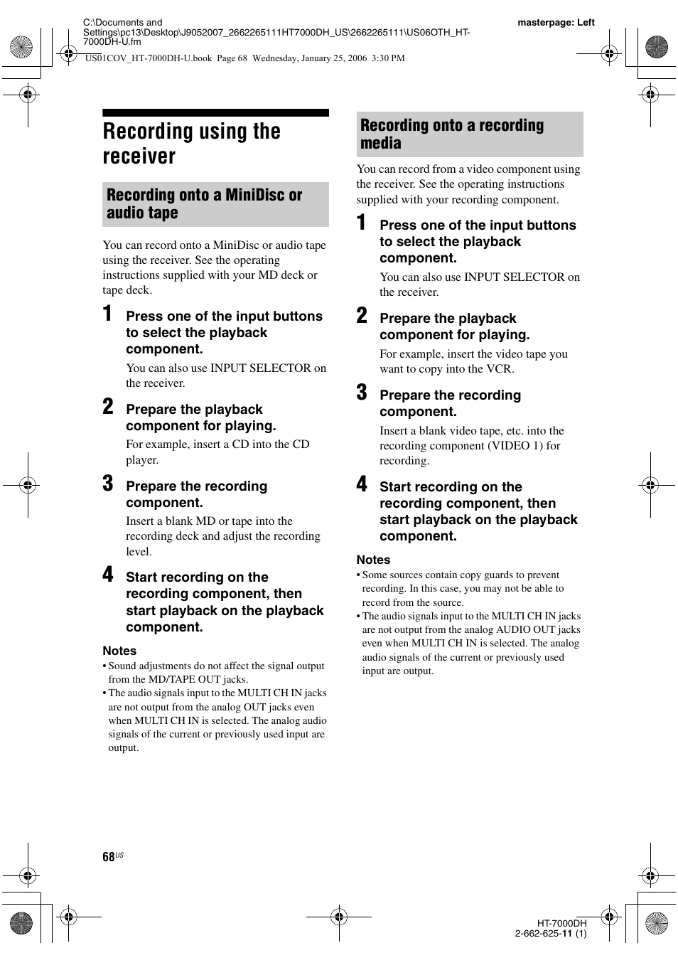 Recording using the receiver | Sony STR-K7000 User Manual | Page 68 / 84