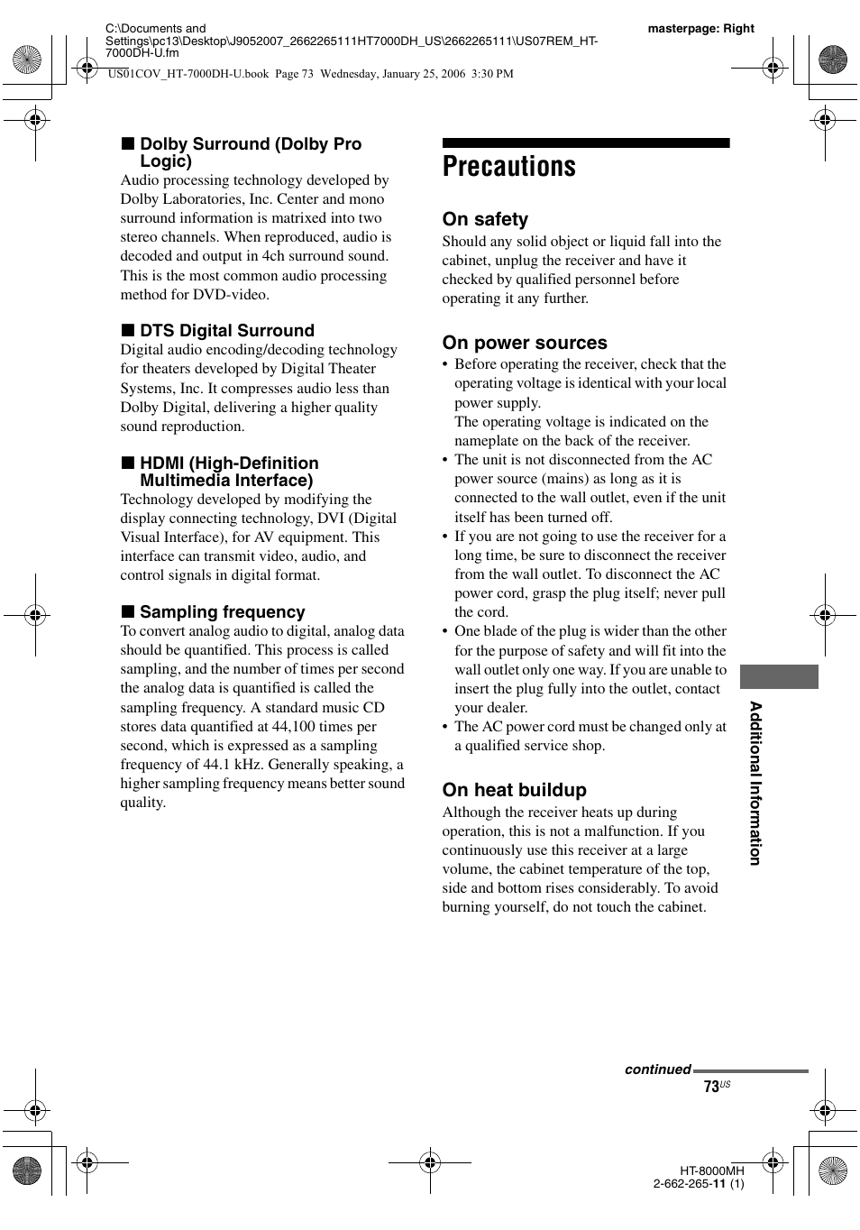 Precautions, On safety, On power sources | On heat buildup | Sony STR-K7000 User Manual | Page 73 / 84