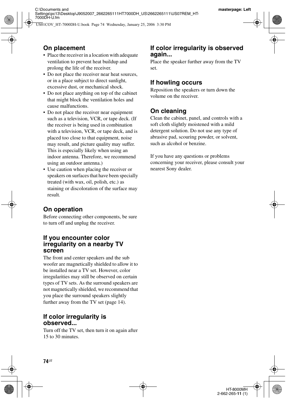 On placement, On operation, If color irregularity is observed | If color irregularity is observed again, If howling occurs, On cleaning | Sony STR-K7000 User Manual | Page 74 / 84