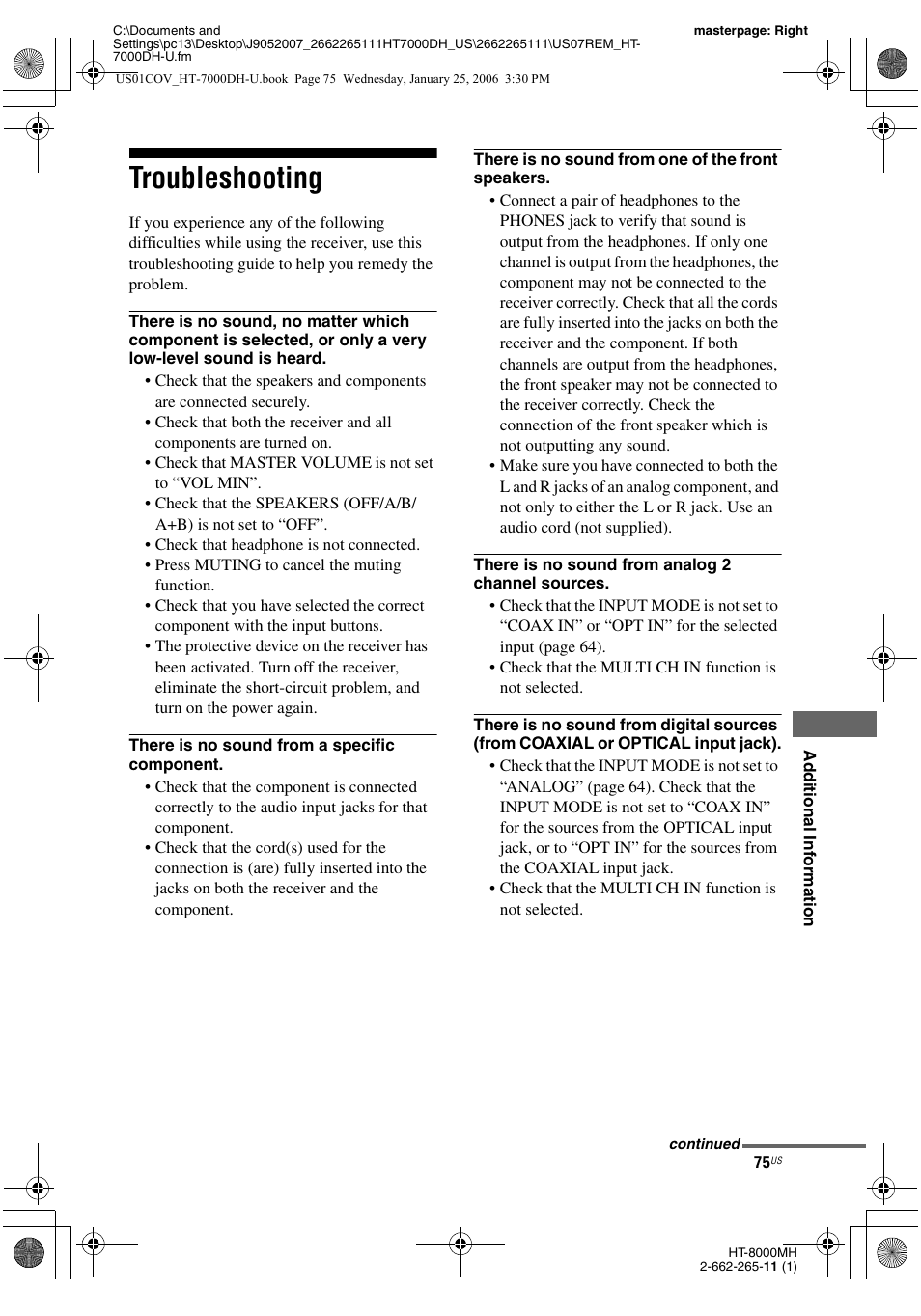 Troubleshooting | Sony STR-K7000 User Manual | Page 75 / 84