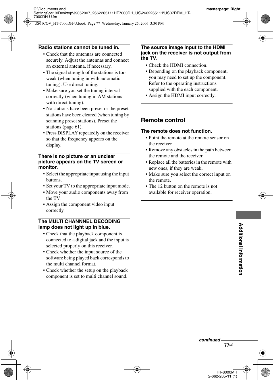 Remote control | Sony STR-K7000 User Manual | Page 77 / 84