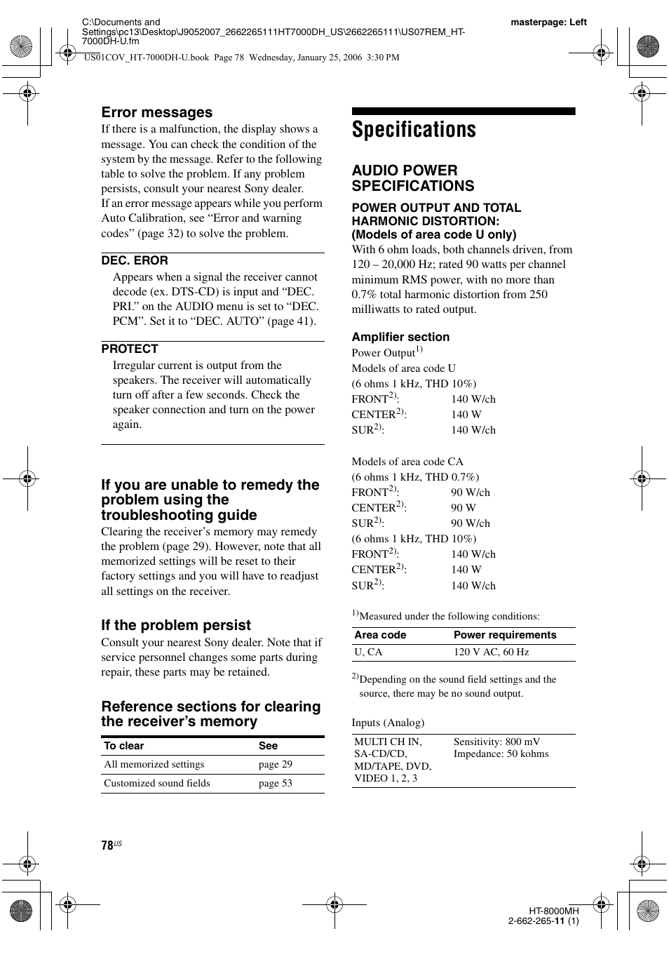 Specifications, Error messages, If the problem persist | Audio power specifications | Sony STR-K7000 User Manual | Page 78 / 84