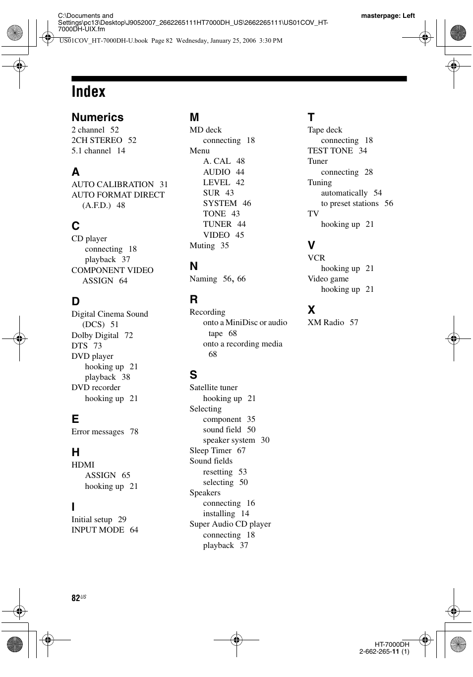 Index, Numerics | Sony STR-K7000 User Manual | Page 82 / 84