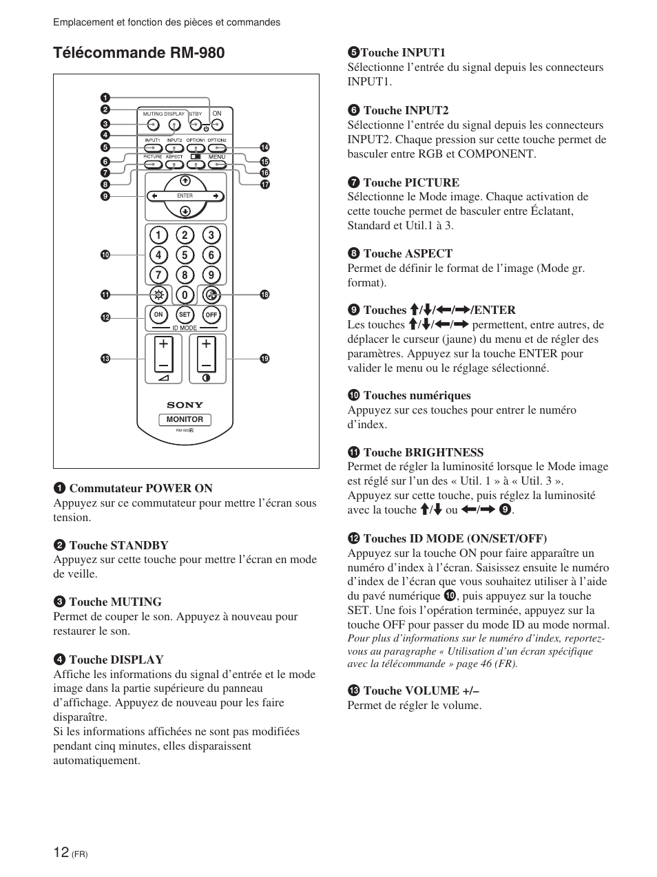 Télécommande rm-980 | Sony FWD-42PV1 User Manual | Page 106 / 328