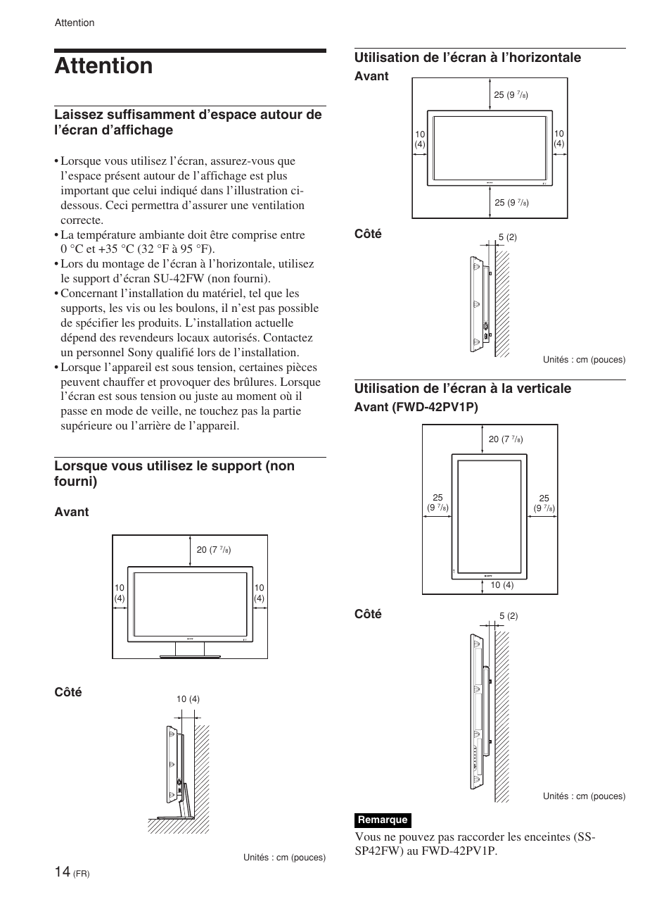 Attention, Lorsque vous utilisez le support (non fourni), Utilisation de l’écran à l’horizontale | Utilisation de l’écran à la verticale, Avant côté, Avant (fwd-42pv1p) côté | Sony FWD-42PV1 User Manual | Page 108 / 328