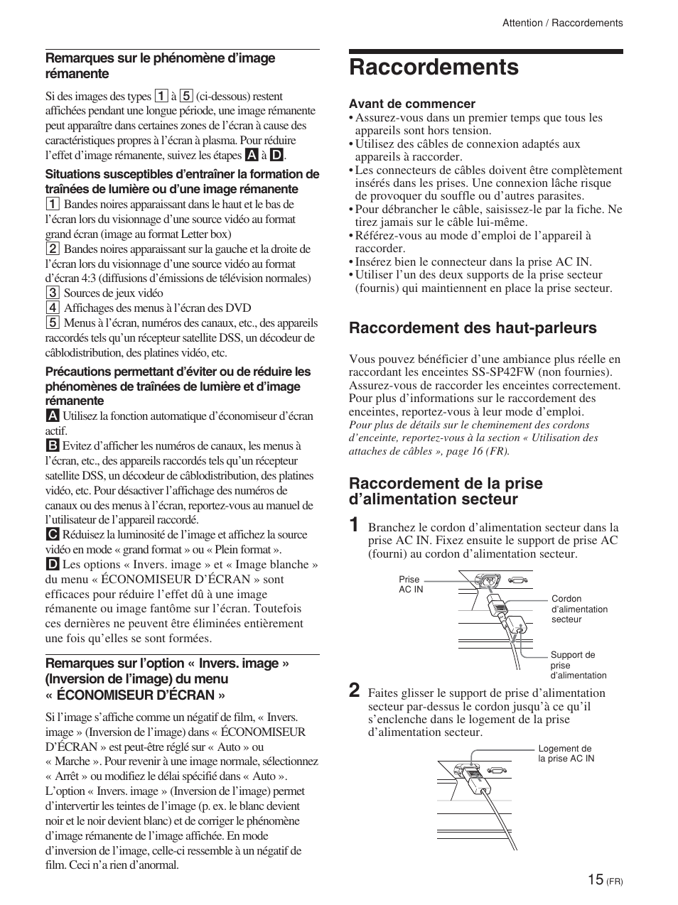 Raccordements, Raccordement des haut-parleurs, Raccordement de la prise d’alimentation secteur | Sony FWD-42PV1 User Manual | Page 109 / 328