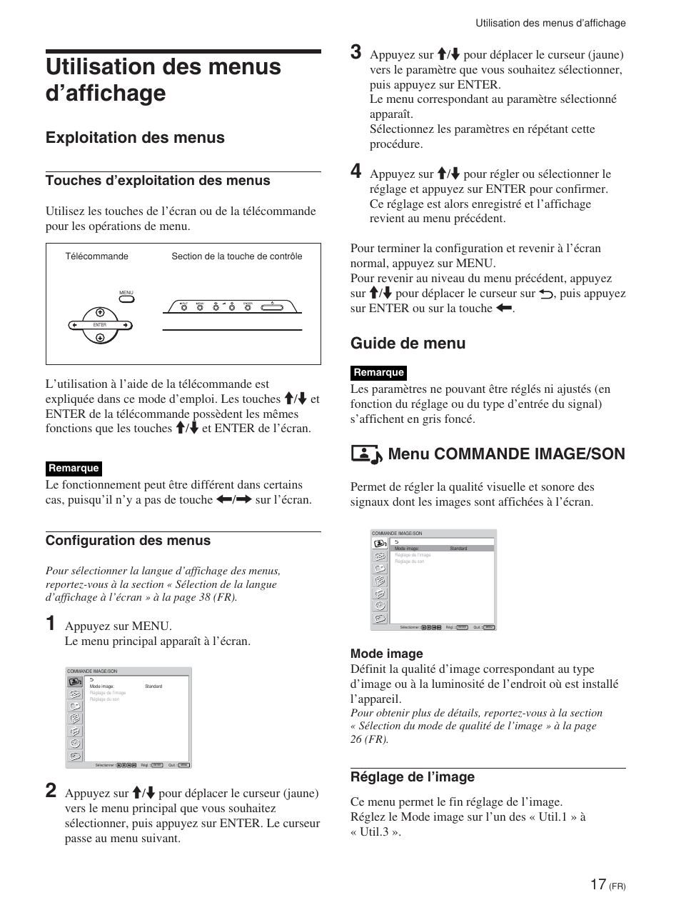 Utilisation des menus d’affichage, Exploitation des menus, Guide de menu | Menu commande image/son, Touches d’exploitation des menus, Configuration des menus, Réglage de l’image | Sony FWD-42PV1 User Manual | Page 111 / 328