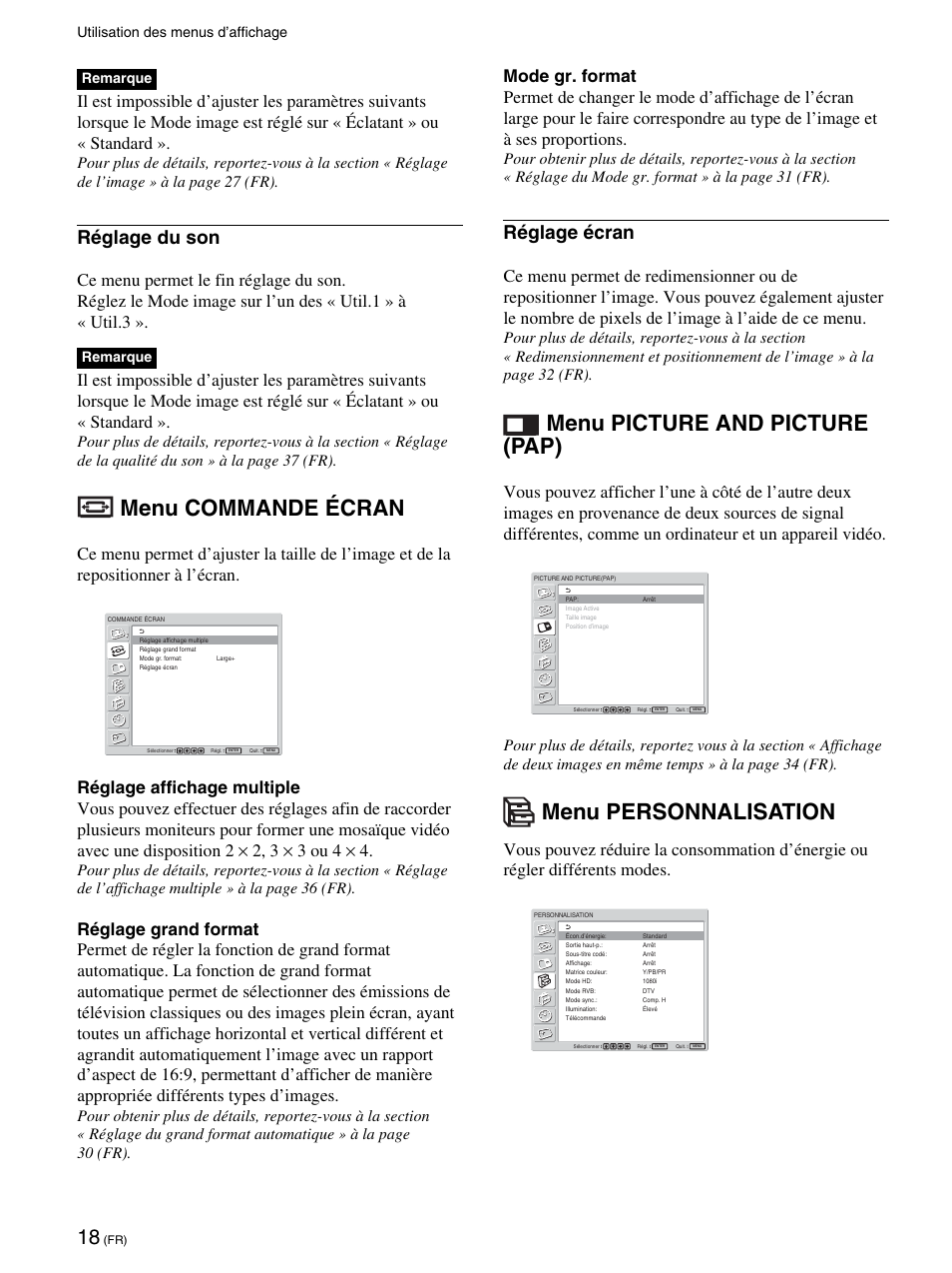 Menu commande écran, Menu picture and picture (pap), Menu personnalisation | Réglage du son, Réglage écran, Utilisation des menus d’affichage remarque, Remarque | Sony FWD-42PV1 User Manual | Page 112 / 328