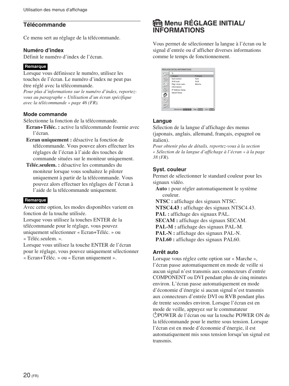 Menu réglage initial/ informations, Télécommande | Sony FWD-42PV1 User Manual | Page 114 / 328