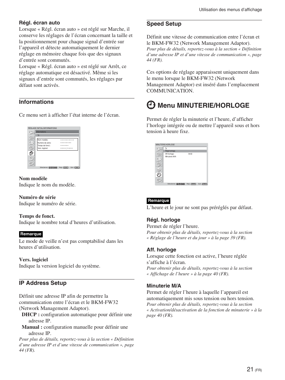 Menu minuterie/horloge, Informations, Ip address setup | Speed setup, Ce menu sert à afficher l’état interne de l’écran | Sony FWD-42PV1 User Manual | Page 115 / 328