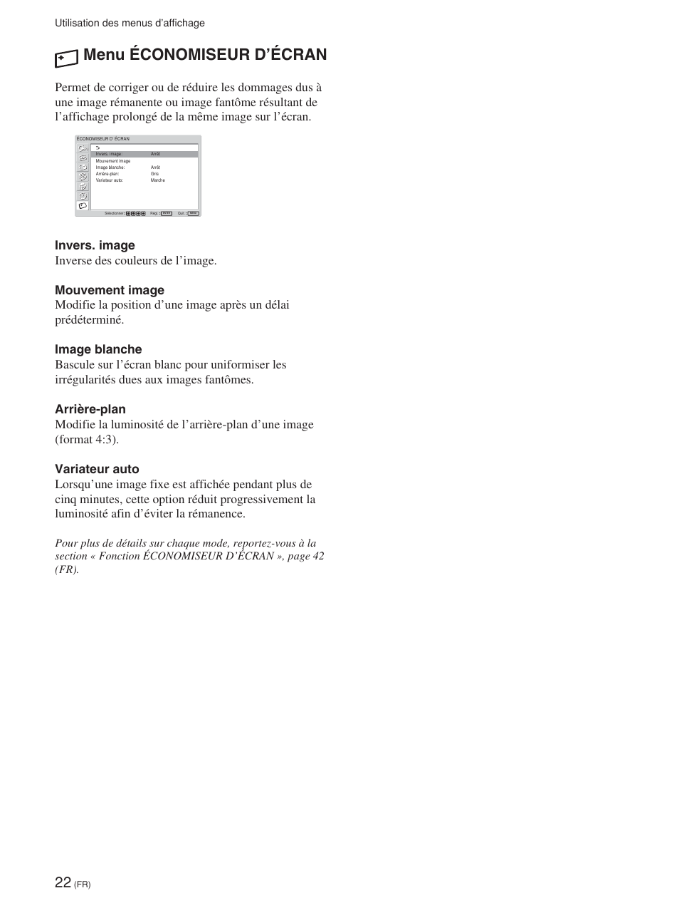 Menu économiseur d’écran, Utilisation des menus d’affichage | Sony FWD-42PV1 User Manual | Page 116 / 328