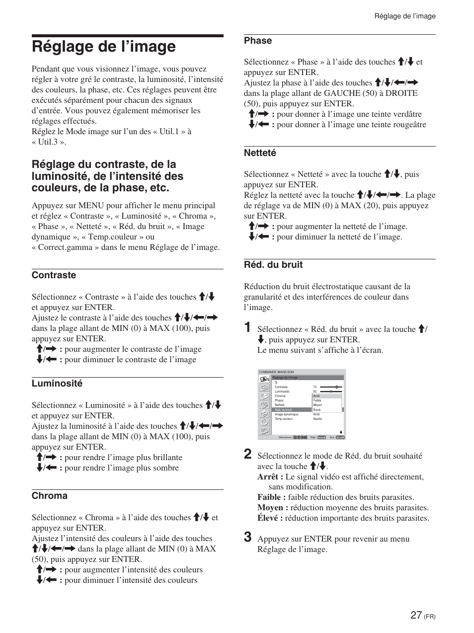 Réglage de l’image, Contraste, Luminosité | Chroma, Phase, Netteté, Réd. du bruit | Sony FWD-42PV1 User Manual | Page 121 / 328