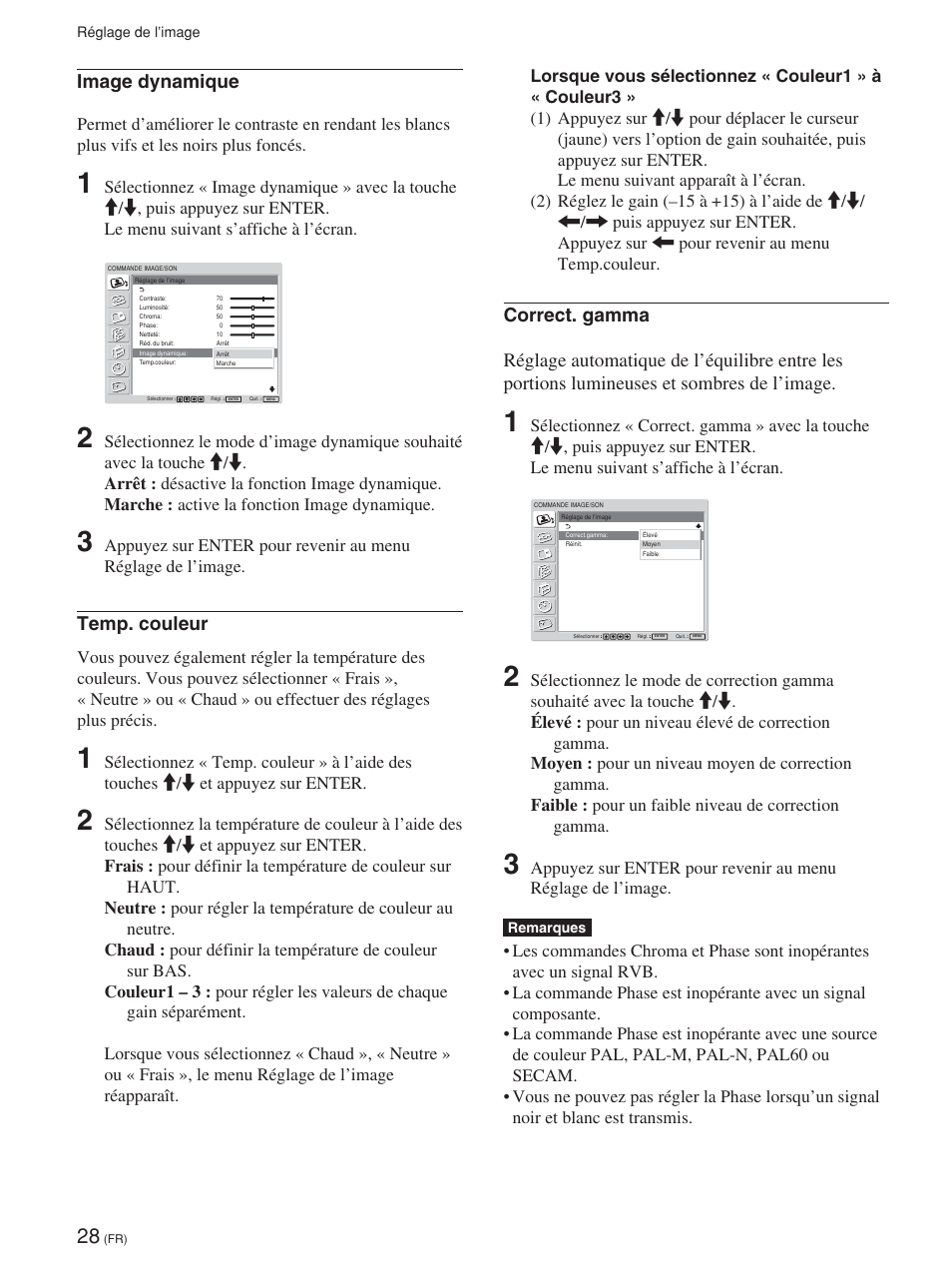Image dynamique, Temp. couleur | Sony FWD-42PV1 User Manual | Page 122 / 328