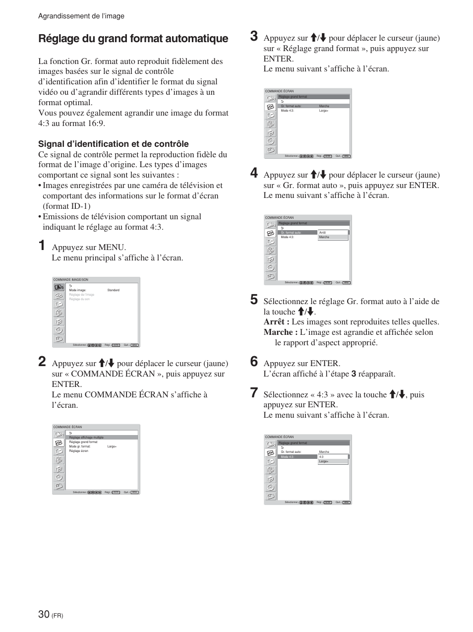 Réglage du grand format automatique, Agrandissement de l’image | Sony FWD-42PV1 User Manual | Page 124 / 328