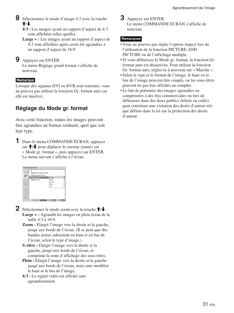 Réglage du mode gr. format | Sony FWD-42PV1 User Manual | Page 125 / 328