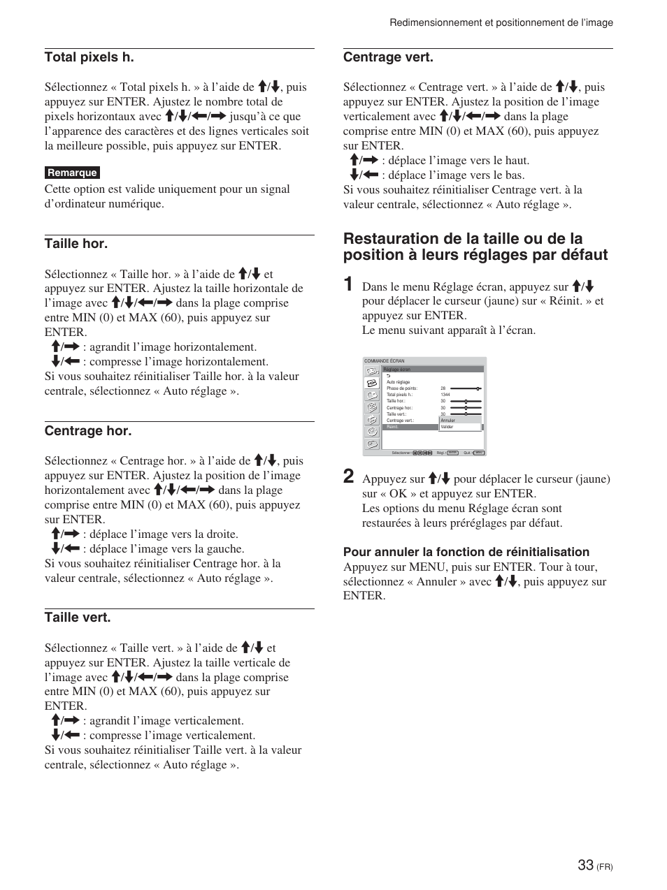 Total pixels h, Taille hor, Centrage hor | Taille vert, Centrage vert | Sony FWD-42PV1 User Manual | Page 127 / 328