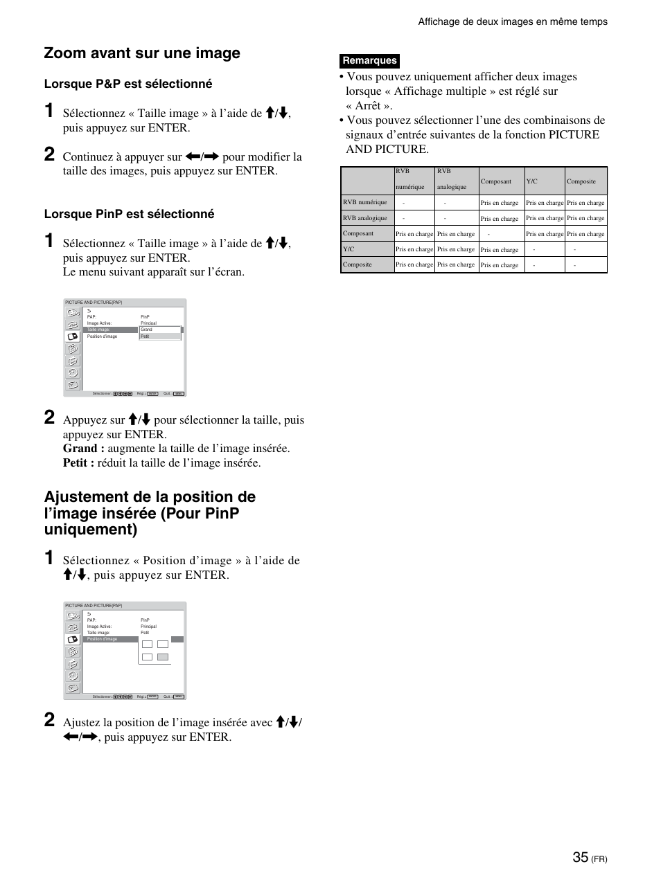 Zoom avant sur une image, Lorsque p&p est sélectionné | Sony FWD-42PV1 User Manual | Page 129 / 328