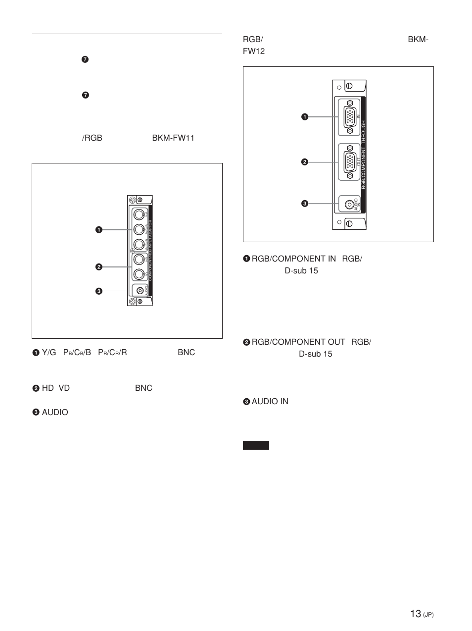 オプションアダプター（別売り, Bkm-fw11, Y/g p | Hd vd, Audio, Bkm- fw12, Rgb/component in, D-sub 15, Rgb/component out, Audio in | Sony FWD-42PV1 User Manual | Page 13 / 328