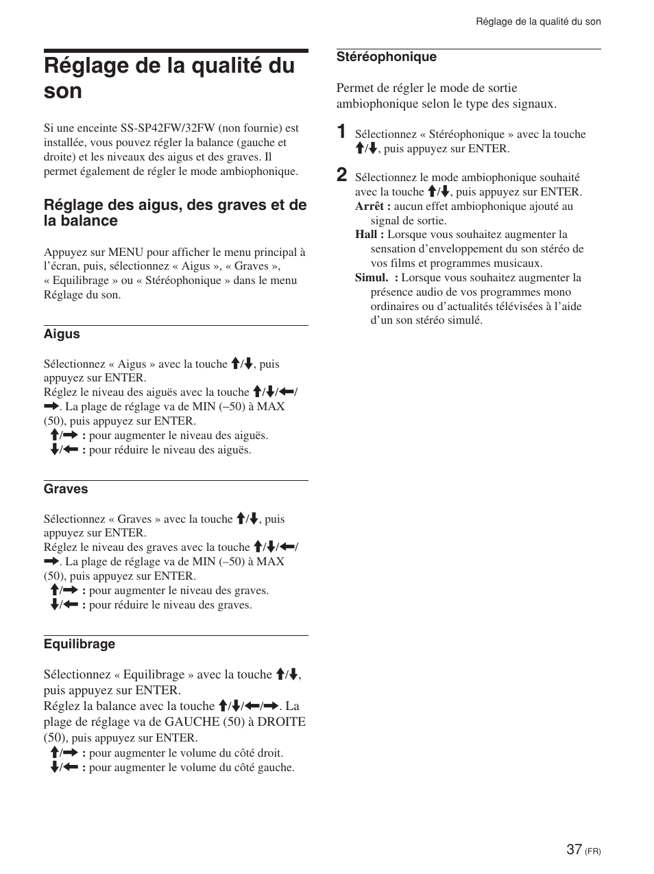 Réglage de la qualité du son, Réglage des aigus, des graves et de la balance | Sony FWD-42PV1 User Manual | Page 131 / 328