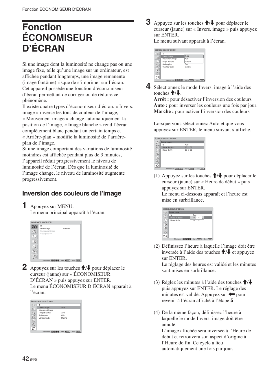 Inversion des couleurs de l’image, Fonction économiseur d’écran | Sony FWD-42PV1 User Manual | Page 136 / 328