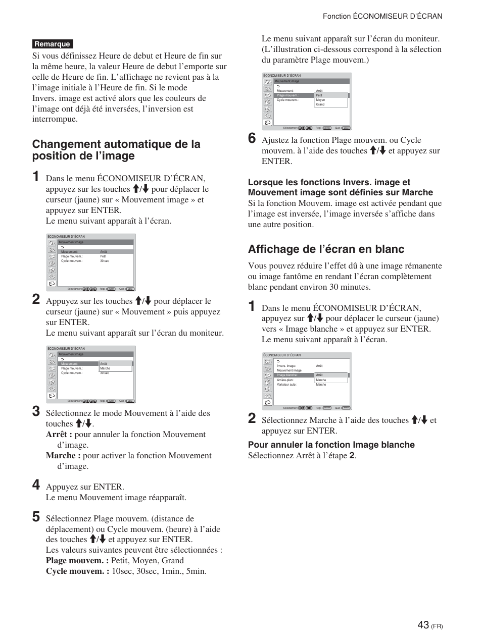 Changement automatique de la position de l’image, Affichage de l’écran en blanc | Sony FWD-42PV1 User Manual | Page 137 / 328