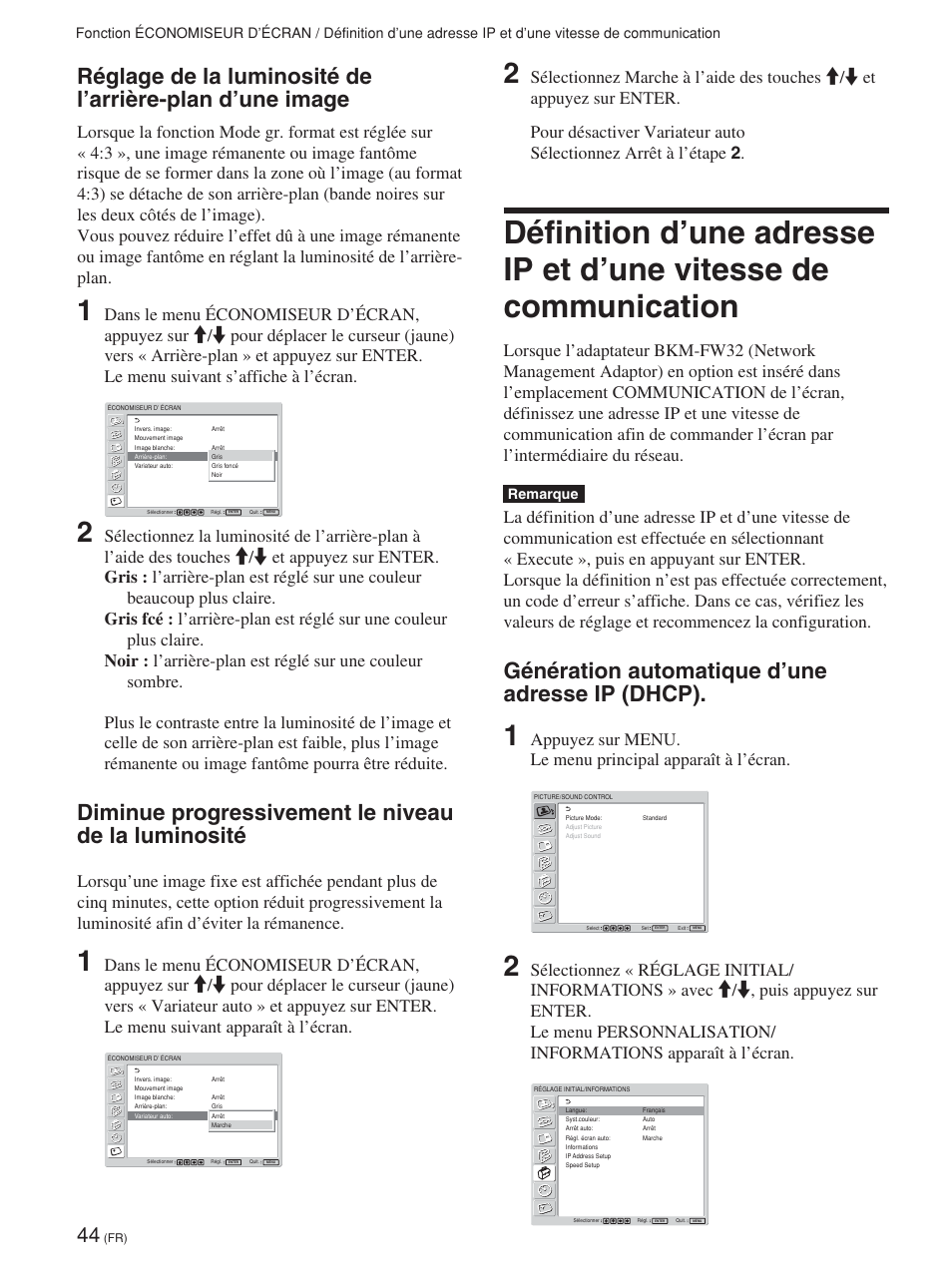 Diminue progressivement le niveau de la luminosité, Génération automatique d’une adresse ip (dhcp) | Sony FWD-42PV1 User Manual | Page 138 / 328