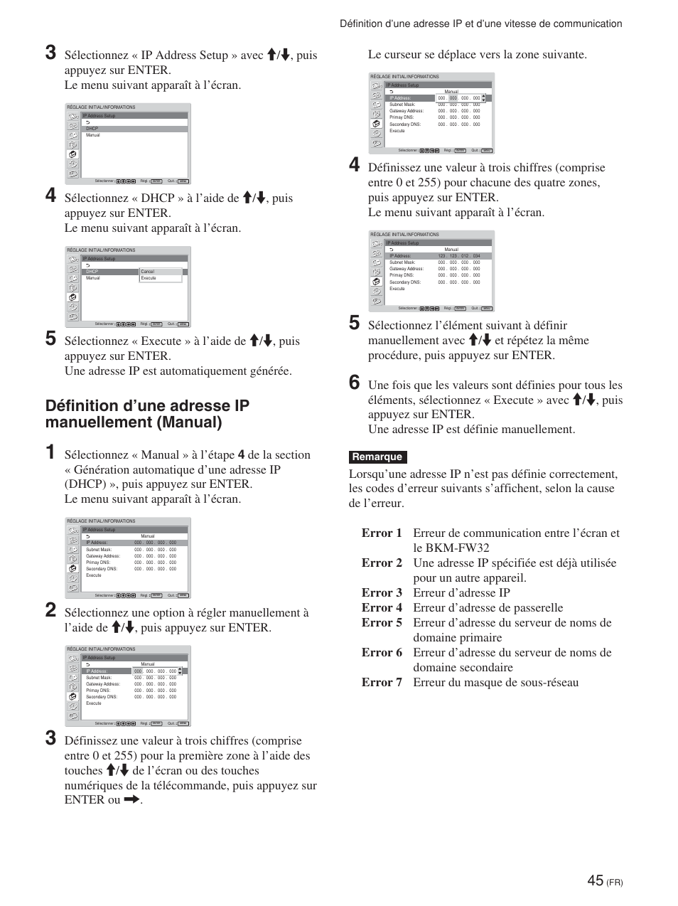 Définition d’une adresse ip manuellement (manual), Le curseur se déplace vers la zone suivante, Remarque | Sony FWD-42PV1 User Manual | Page 139 / 328