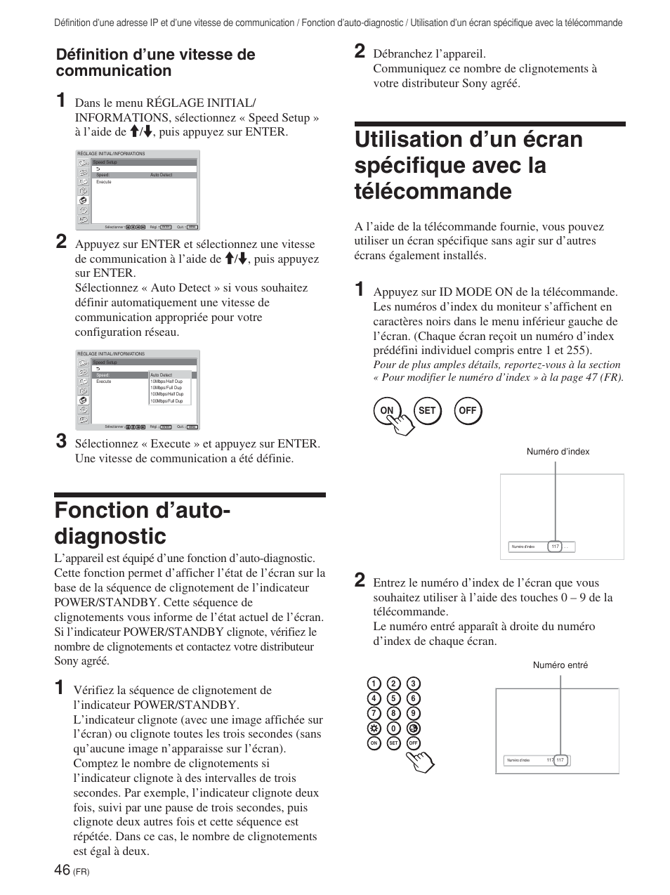 Fonction d’auto- diagnostic, Définition d’une vitesse de communication | Sony FWD-42PV1 User Manual | Page 140 / 328
