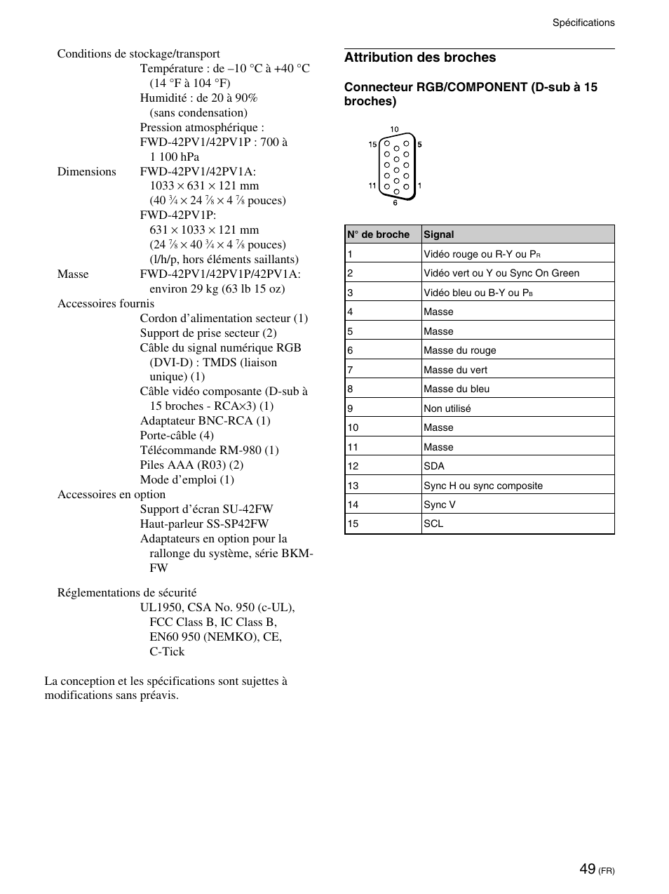 Attribution des broches | Sony FWD-42PV1 User Manual | Page 143 / 328