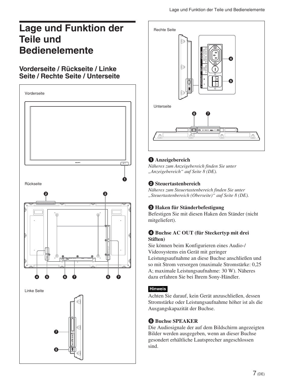 Lage und funktion der teile und bedienelemente, 1 anzeigebereich, 2 steuertastenbereich | Sony FWD-42PV1 User Manual | Page 149 / 328