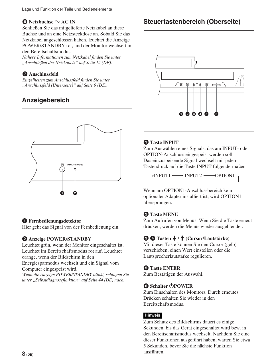 Anzeigebereich, Steuertastenbereich (oberseite) | Sony FWD-42PV1 User Manual | Page 150 / 328
