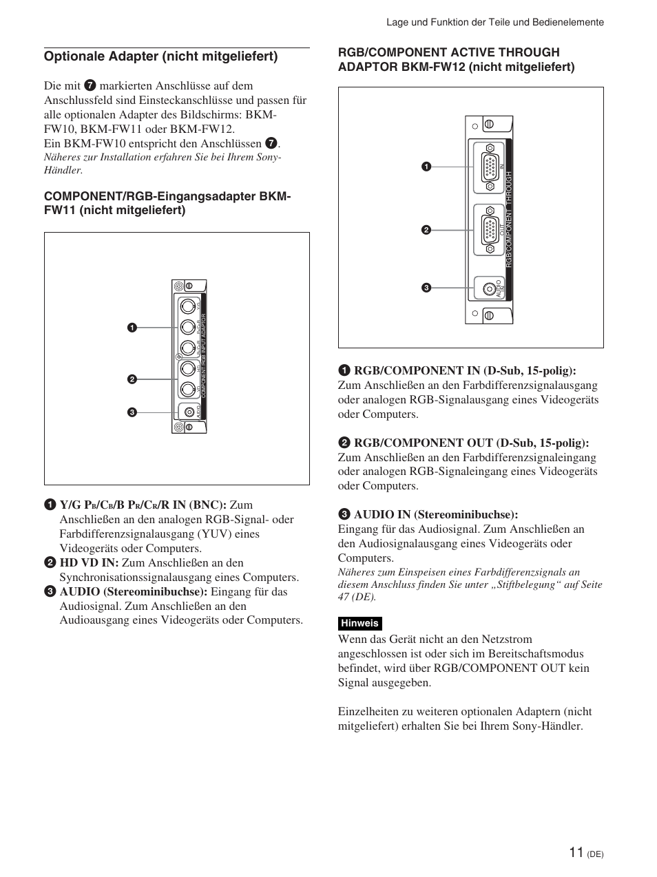 Optionale adapter (nicht mitgeliefert) | Sony FWD-42PV1 User Manual | Page 153 / 328