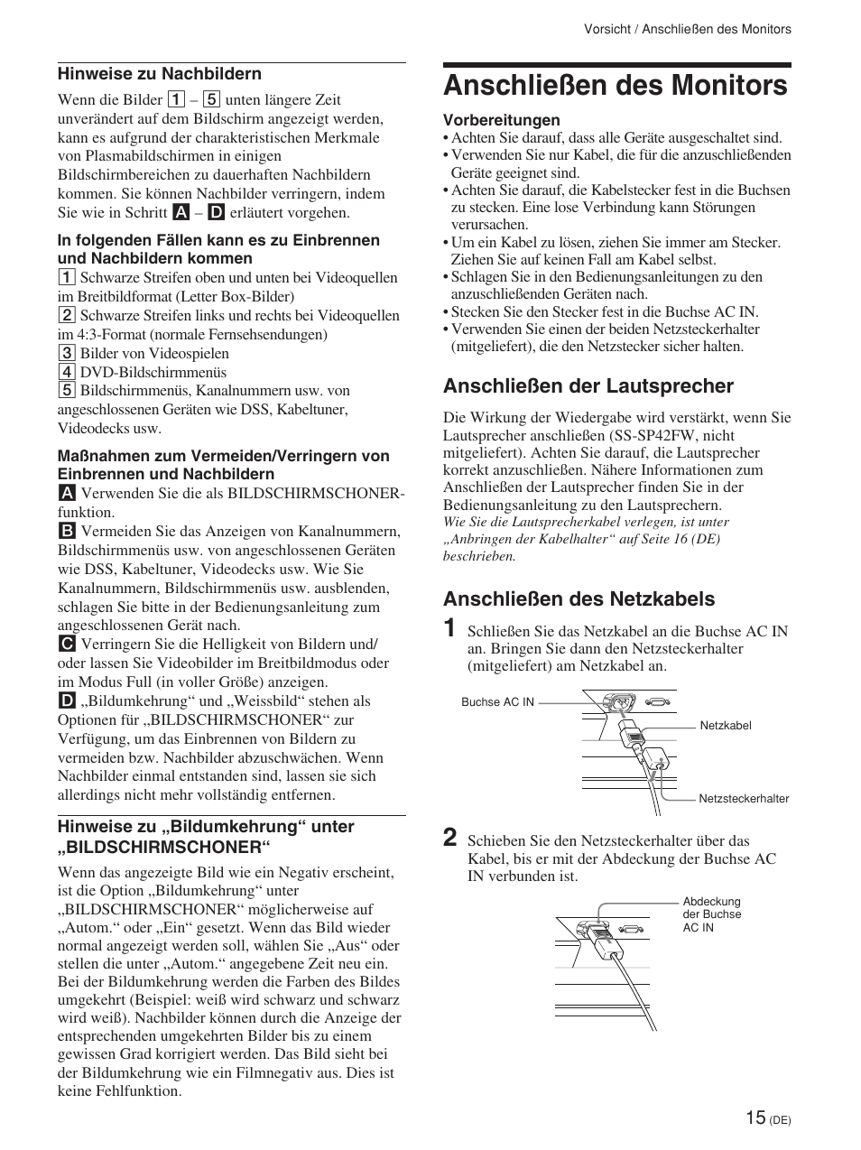 Anschließen des monitors, Anschließen der lautsprecher, Anschließen des netzkabels | Sony FWD-42PV1 User Manual | Page 157 / 328
