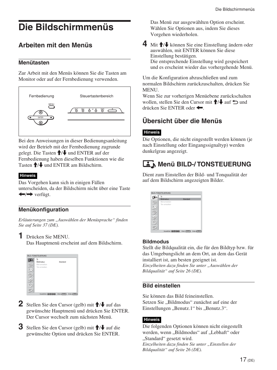 Die bildschirmmenüs, Arbeiten mit den menüs, Übersicht über die menüs | Menü bild-/ tonsteuerung, Menütasten, Menükonfiguration, Bild einstellen | Sony FWD-42PV1 User Manual | Page 159 / 328