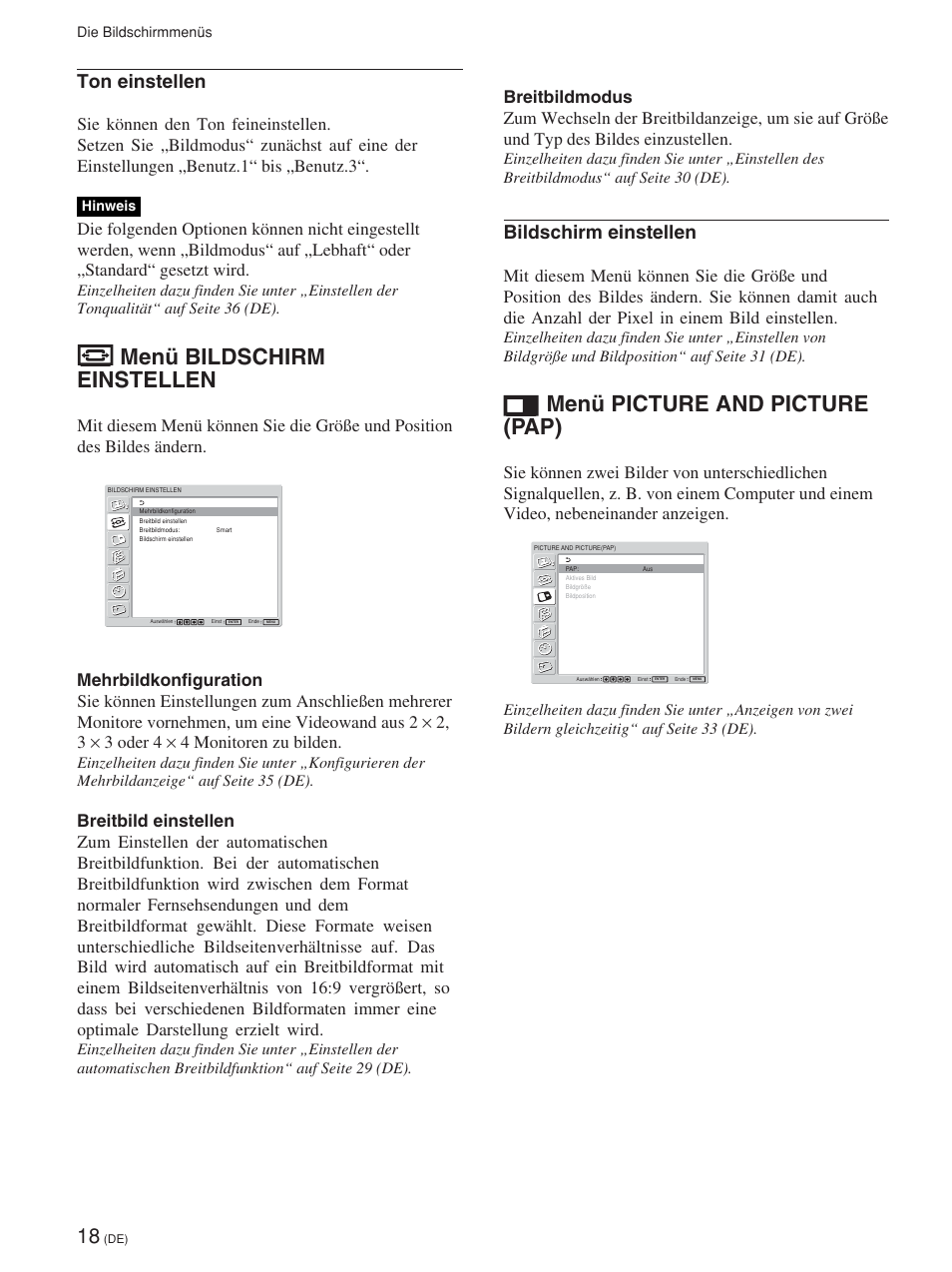 Menü bildschirm einstellen, Menü picture and picture (pap), Ton einstellen | Bildschirm einstellen | Sony FWD-42PV1 User Manual | Page 160 / 328