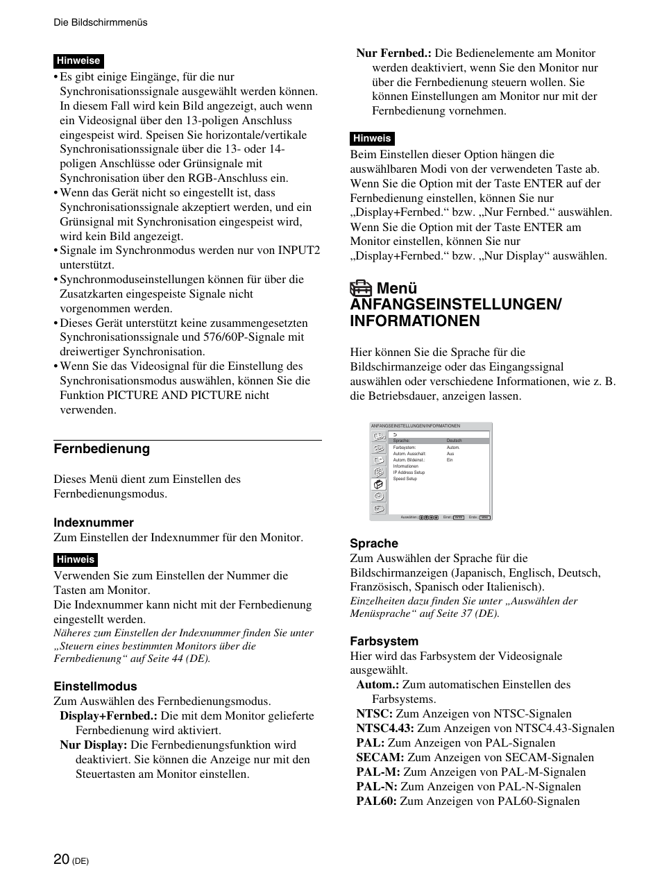 Menü anfangseinstellungen/ informationen, Fernbedienung | Sony FWD-42PV1 User Manual | Page 162 / 328