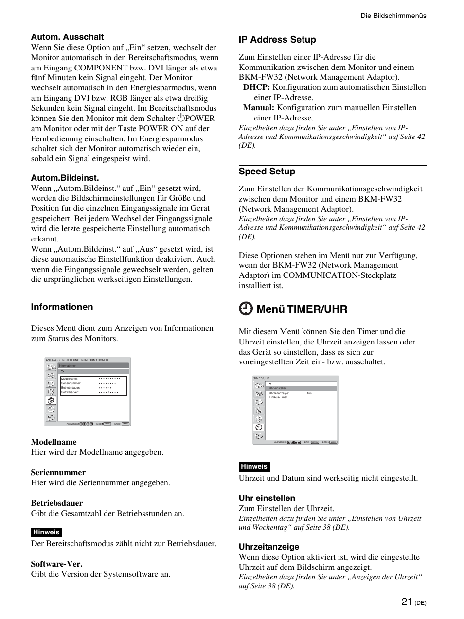 Menü timer/uhr, Informationen, Ip address setup | Speed setup | Sony FWD-42PV1 User Manual | Page 163 / 328