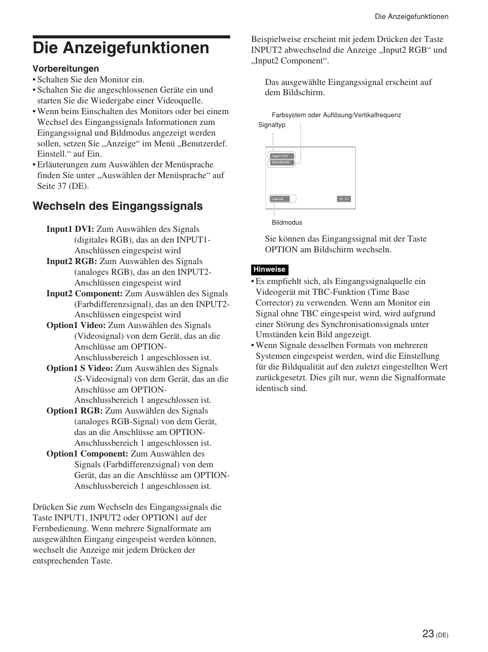 Die anzeigefunktionen, Wechseln des eingangssignals | Sony FWD-42PV1 User Manual | Page 165 / 328