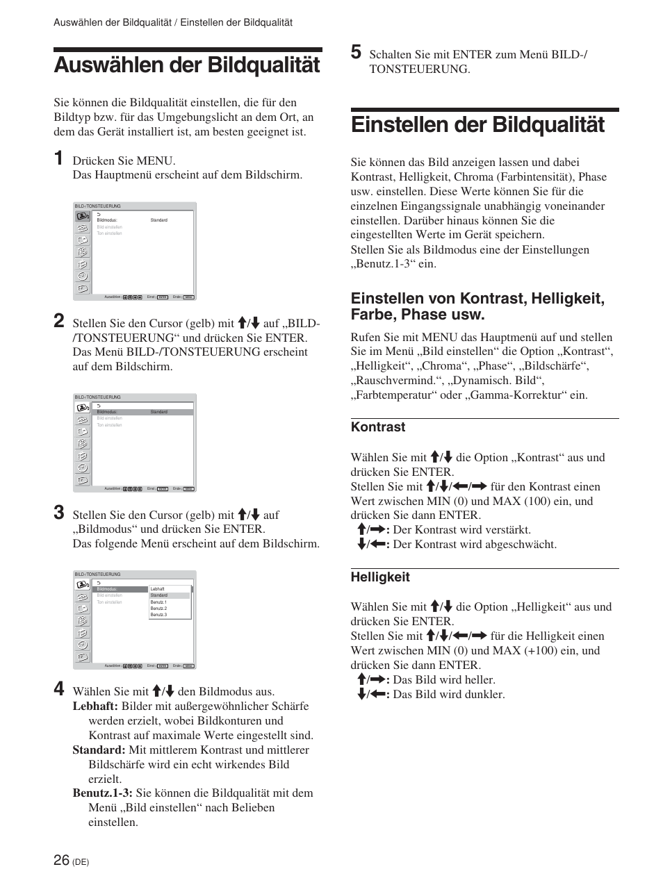 Auswählen der bildqualität, Einstellen der bildqualität, Kontrast | Helligkeit | Sony FWD-42PV1 User Manual | Page 168 / 328