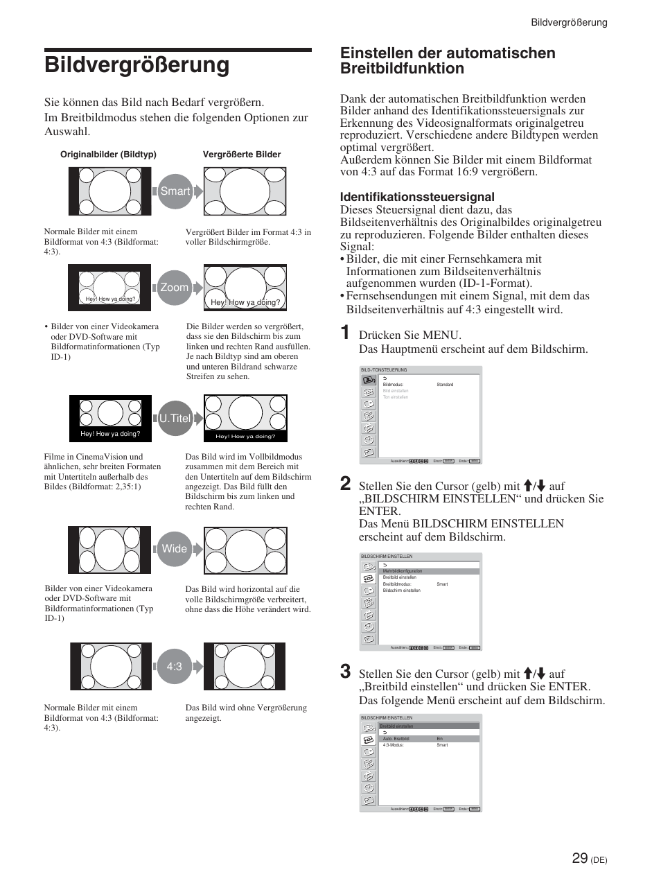 Bildvergrößerung, Einstellen der automatischen breitbildfunktion, Smart zoom | U.titel, Wide 4:3 | Sony FWD-42PV1 User Manual | Page 171 / 328