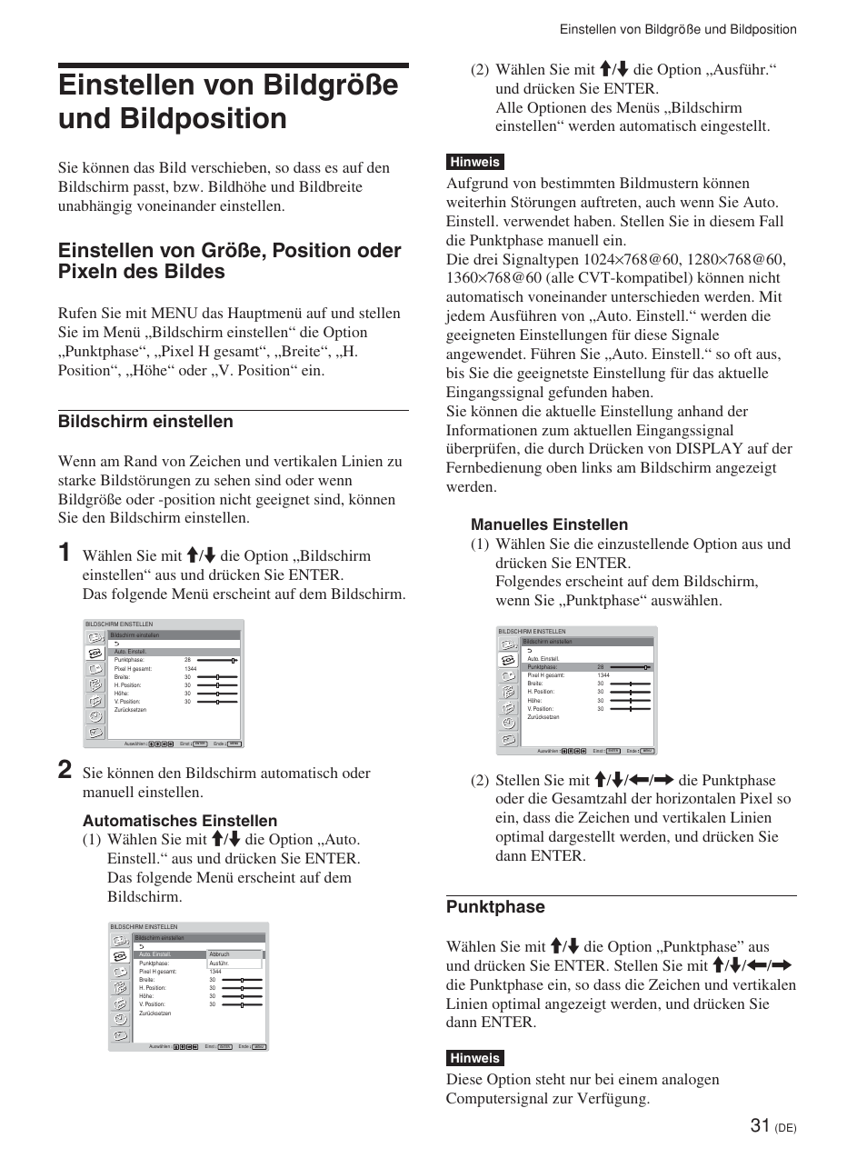 Einstellen von bildgröße und bildposition, Bildschirm einstellen, Punktphase | Hinweis | Sony FWD-42PV1 User Manual | Page 173 / 328
