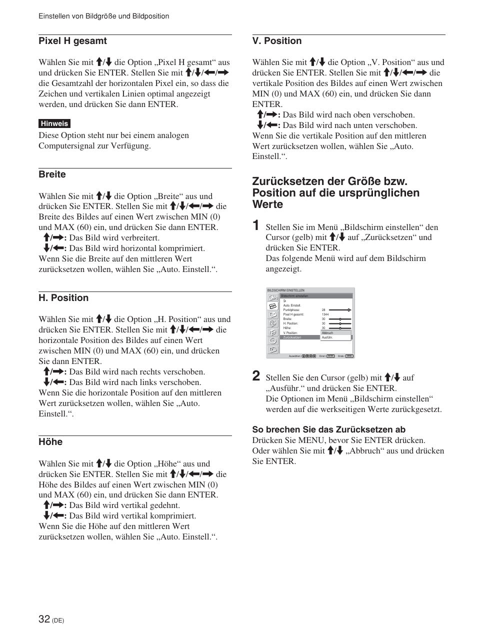 Pixel h gesamt, Breite, H. position | Höhe, V. position | Sony FWD-42PV1 User Manual | Page 174 / 328