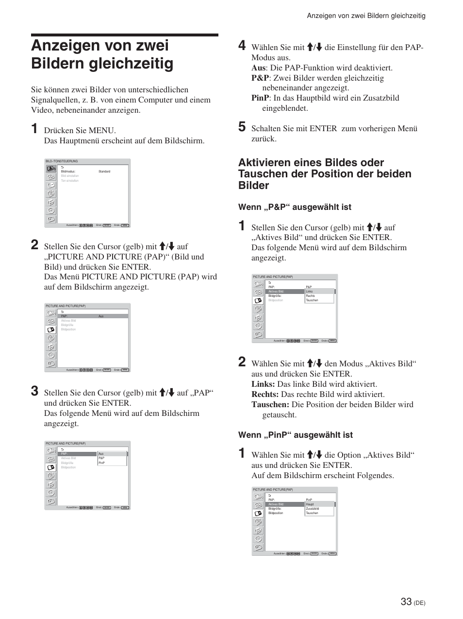 Anzeigen von zwei bildern gleichzeitig, Schalten sie mit enter zum vorherigen menü zurück, Wenn „p&p“ ausgewählt ist | Sony FWD-42PV1 User Manual | Page 175 / 328