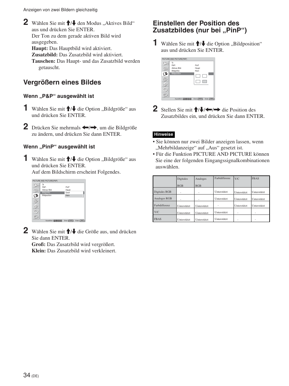 Vergrößern eines bildes, Wenn „p&p“ ausgewählt ist | Sony FWD-42PV1 User Manual | Page 176 / 328