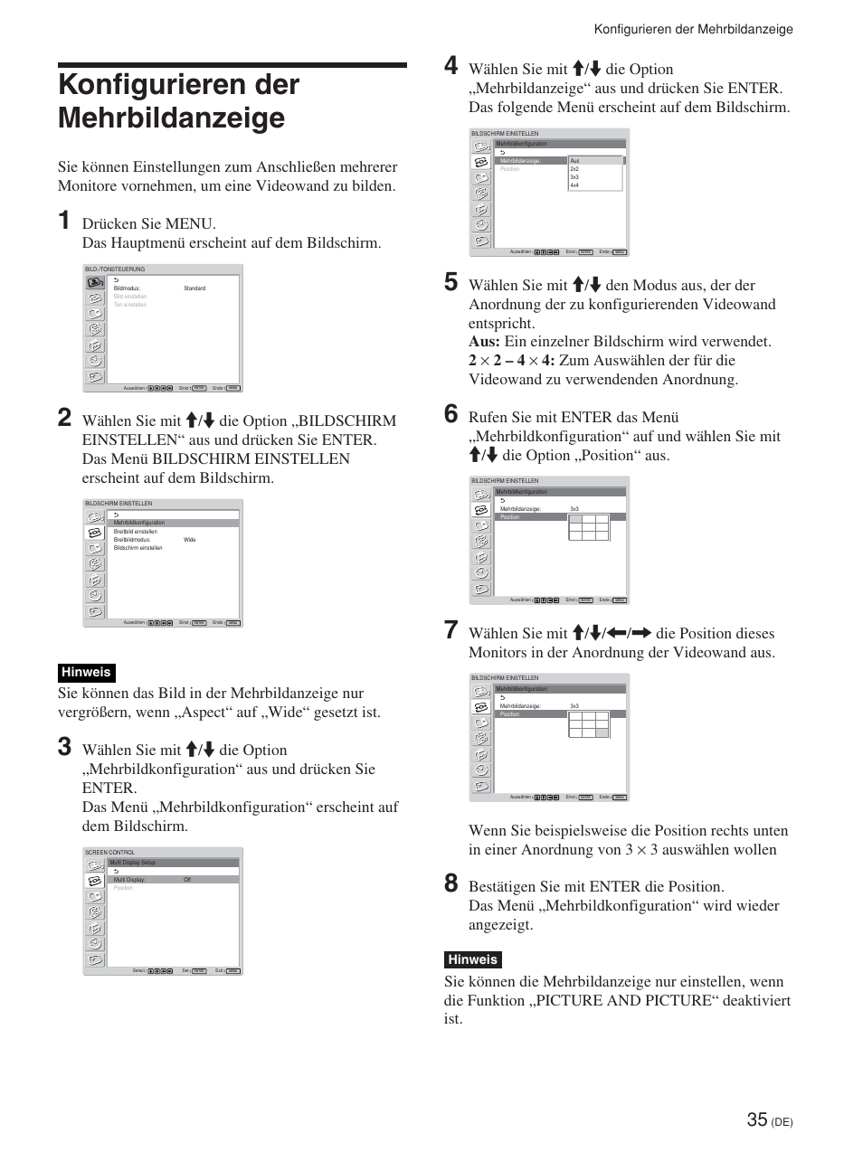 Konfigurieren der mehrbildanzeige, Hinweis | Sony FWD-42PV1 User Manual | Page 177 / 328