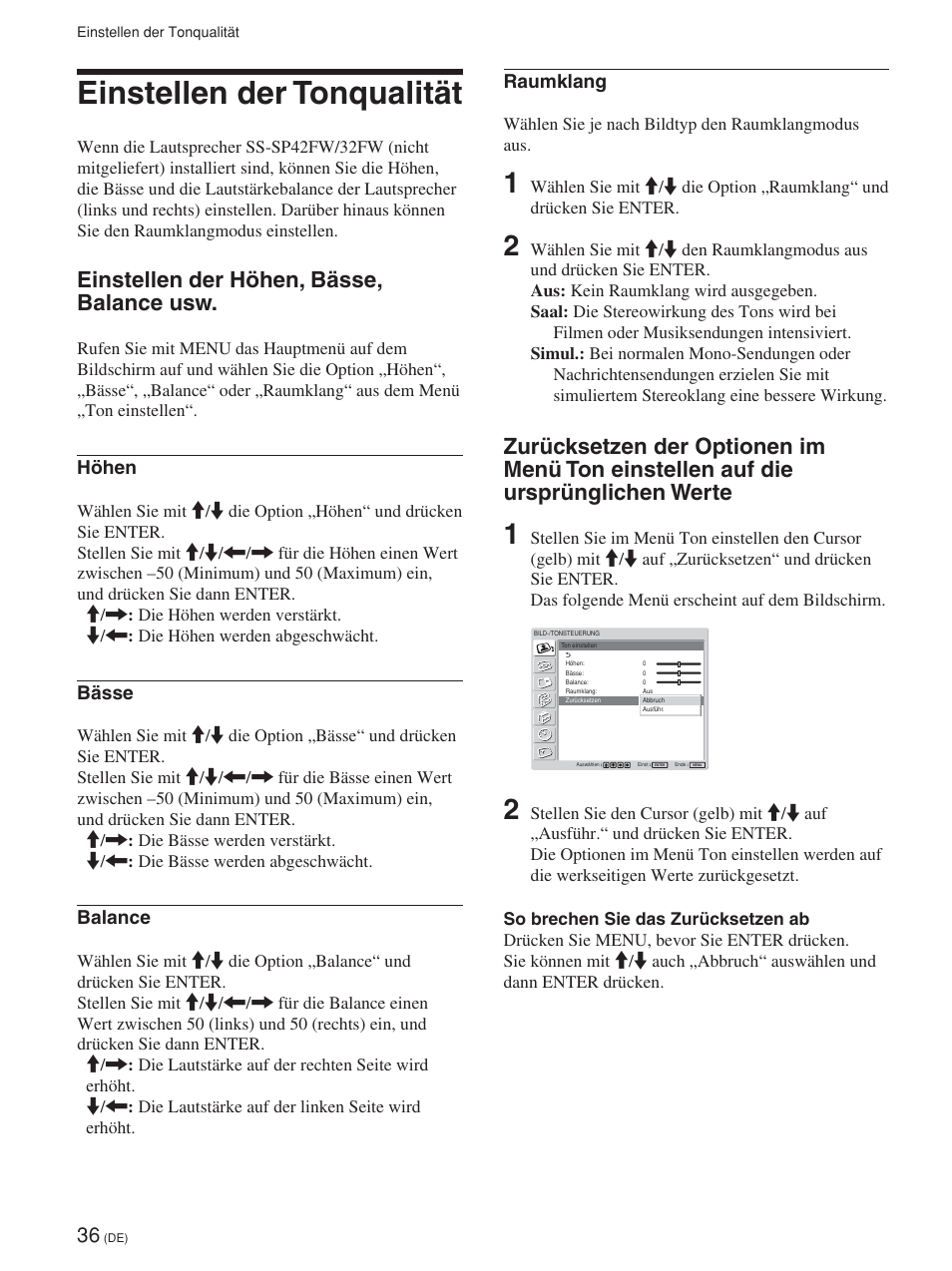 Einstellen der tonqualität, Einstellen der höhen, bässe, balance usw, Höhen | Bässe, Balance, Raumklang | Sony FWD-42PV1 User Manual | Page 178 / 328