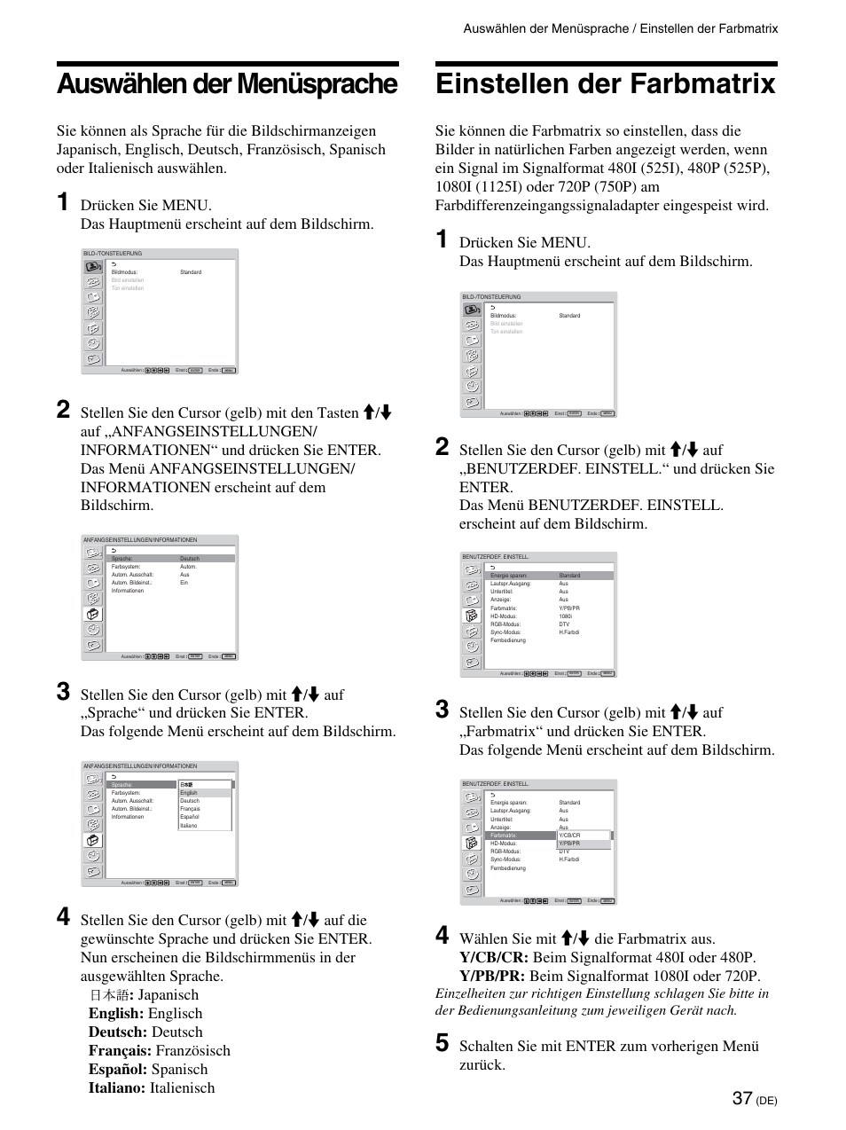 Auswählen der menüsprache, Einstellen der farbmatrix, Schalten sie mit enter zum vorherigen menü zurück | Sony FWD-42PV1 User Manual | Page 179 / 328